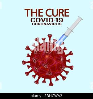 COVID-19 Pandemie: Impfung oder Heilungskonzept. COVID-19 Virus-Impfstoff, Spritzenspritze, Prävention, Immunisierung, Heilung und Behandlung für Coronavirus-Infektion. EPS 10 Vektorgrafik. Stock Vektor