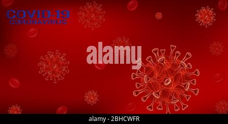 Vektor des Coronavirus 2019-nCoV und Virus Hintergrund mit Krankheitszellen und roten Blutkörperchen. COVID-19 Corona-Virus ausbrechen und Pandemie medizinische Gesundheit Risiko Konzept. Vektorgrafik Folge 10. Stock Vektor