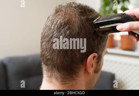 Frau macht Haarschnitt mit Haarschneider zu Mann zu Hause. Stockfoto