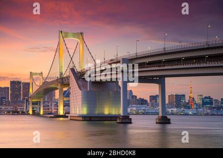 Tokio. Stadtbild von Tokio, Japan mit Regenbogenbrücke bei Sonnenuntergang. Stockfoto