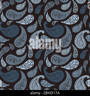 Paisley Muster Hintergrund, nahtlose florale Textil Ornament, Vektor-Illustration. Pastell blassblau und schwarz abstrakt vintage Paisley Muster, Blumendekoration, Blumenstoff Mode Kunst Design Stock Vektor