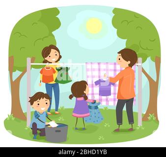 Illustration von Stickman Familie hängende Kleidung in Wäscheleine Stockfoto