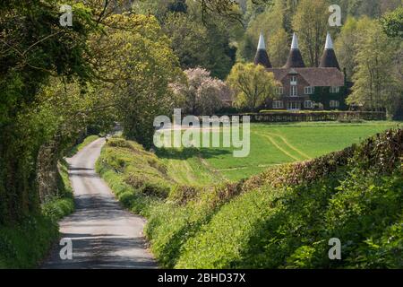 Oast House in Kent Land im Frühling an einem sonnigen heißen Tag Stockfoto