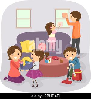 Illustration von Stickman Kids helfen Eltern mit Reinigung des Hauses Stockfoto
