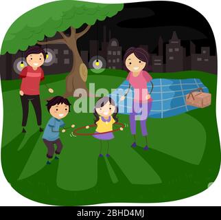 Illustration der Stickman Familie im Freien im Park beim Nachtpicknick Stockfoto