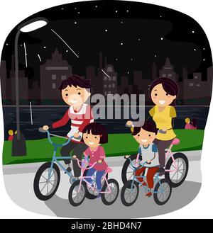 Illustration von Stickman Family Riding Bicycle bei Nacht im Park Stockfoto