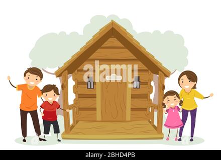 Illustration der Stickman Familie in einer Off Grid Hütte Stockfoto