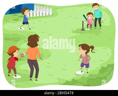 Illustration von Stickman Familie spielen Tee Ball im Freien Stockfoto