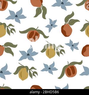 Nahtloses Vektormuster mit Zitronen, Pfirsichen und Blumen auf weißem Hintergrund. Für die Gestaltung von Tapeten, Verpackungen, Textilien, Prints für Kleidung Stock Vektor