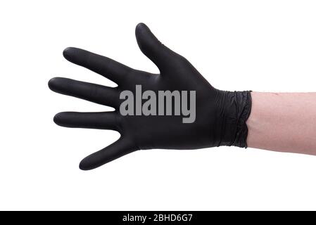 Hand in schwarzem Latex Handschuh isoliert auf weißem Hintergrund Stockfoto