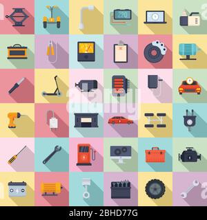 Symbole für die Reparatur von Elektrofahrzeugen. Flacher Satz von Elektrofahrzeug Reparatur Vektor-Symbole für Web-Design Stock Vektor