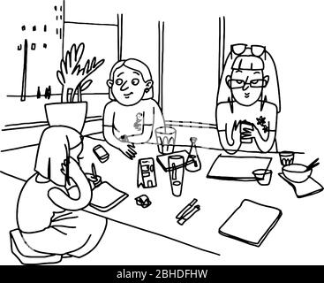 Menschen, die am Tisch sitzen und am Arbeitsplatz reden und arbeiten. Vektor handgezeichnete Illustration von Coworking Treffen von jungen Mädchen. Stock Vektor