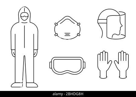 Symbol für die Gerätezeile der Coronavirus-Prävention. Schutzanzug, Maske, Handschuhe, Schutzbrille, Gesichtsschutz. Schwarze Umrandung auf weißem Hintergrund. PSA. Vektor Stock Vektor