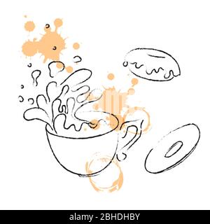 Skizzierte Hand gezeichnet Kaffeetasse, heißen Tee-Drink mit Donuts. Symbol für eine Tasse Tee mit Flecken von Getränken. Vektorgrafik im Skizzenstil, Umriss. Bleistift Stock Vektor