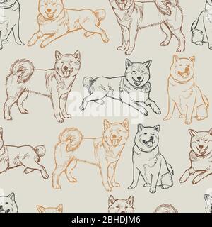 Vektor beige shiba inu Hunde skizzieren nahtlose Hintergrund Muster. Geeignet für Geschenkpapier, Textil und Tapete. Stock Vektor