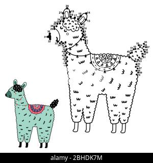 Dot to dot Spiel mit lustigen Lama für Kinder. Verbinden Sie die Punkte Stock Vektor