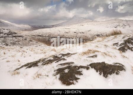 Llanberis und das Ogwen Valley unter Winterbedingungen, Snowdonia, Wales, Großbritannien. Stockfoto