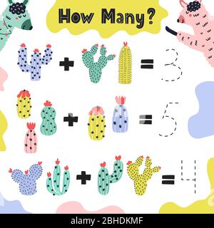 Mathe Spiel für Kinder mit Lamas und Kakteen. Wie viele Aktivitäten angezeigt werden Stock Vektor