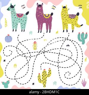 Erraten Sie, welches Lama zum Kaktus gelangt. Labyrinth-Spiel mit lustigen Alpakas für Kinder Stock Vektor