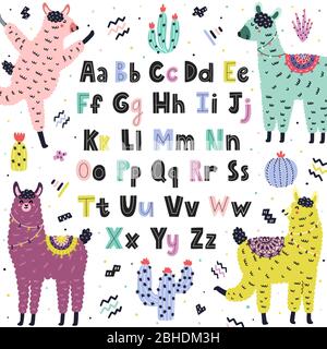Englische Schrift mit niedlichen Lamas. Pädagogisches Poster für Kinder mit lustigen Alpaka Stock Vektor