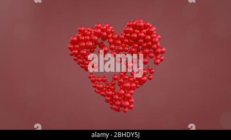 Rote Herzform aus glänzenden Kugeln. 3D-Rendering. Stockfoto