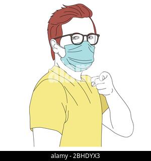 Vektor-Porträt des Menschen in medizinischen Maske zeigt auf Sie mit dem Finger Stock Vektor