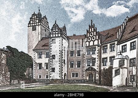 Die Burg Strehla ist ein Schloss in der Stadt Strehla, Landkreis Meißen, Sachsen, Deutschland, Europa Stockfoto