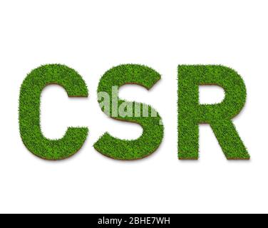 Der Text der CSR (Corporate Social Responsibility) aus grünem Gras Textur, isoliert auf weißem Hintergrund für grüne Konzepte. 3D-Darstellung. Stockfoto