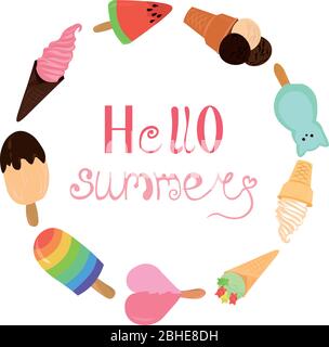 Hallo, Sommer. Eis und Fruchteis als Nachtisch. Design für Menüs, Flyer und Postkarten. Ein kalter Genuss an einem heißen Tag ist eine Erholung für die Seele. Stock Vektor