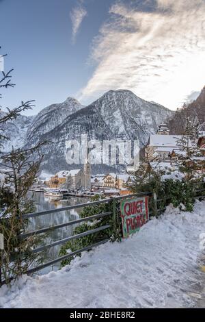 Aussichtspunkt im verschneiten Hallstätter Dorf mit Ruhesilder im Winter installiert Stockfoto