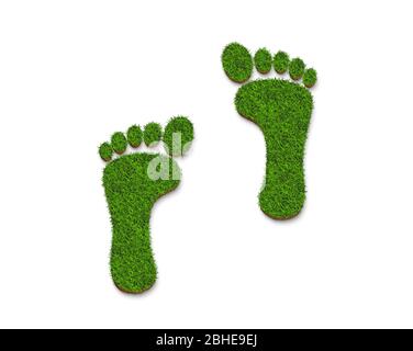 Footprint Icon Logo aus grünem Gras Textur isoliert auf weißem Hintergrund für Recycling und Ökologie Konzept Design. 3D-Darstellung. Stockfoto