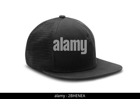 Schwarze Snapback-Kappe isoliert auf weißem Hintergrund mit Beschneidungspfad. Stockfoto