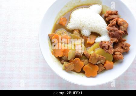 Japanisches Curry mit Delfin-Reis und gebratenem Huhn. (Karaage) Stockfoto