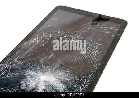 Tablet mit defekter Anzeige auf weißem Hintergrund Stockfoto