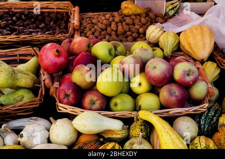 Viele Korb mit Äpfeln, Birnen, Kastanien, Walnüssen, Kürbissen, Obst und Gemüse auf einem Bauernmarkt Stall in Piemont, Italien Stockfoto