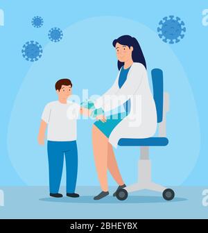 Doktor weiblich Impfung zu Jungen und Partikeln covid 19 Stock Vektor