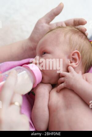 Der Reiz von künstlicher Nahrung. Ein neugeborenes Baby wird aus einer Flasche gefüttert. Meine Mutter Hand streichelte sanft meinen Kopf Stockfoto