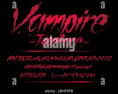 Vampire-Schrift. Abbildung der Blutbuchstaben. Halloween blutige Vektor-Alphabet mit Zahlen und Glyphen. Stock Vektor