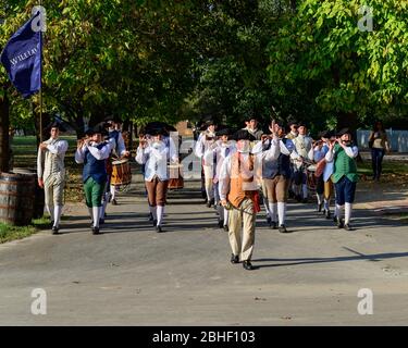 Fife und Trommelkorps in Colonial Williamsburg. Stockfoto