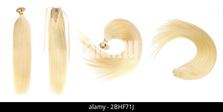 Set von 4 gefälschten Frauen Haarverlängerungen in Schwänzen, isoliert auf weißem Hintergrund. Hellblond oder goldfarben. Und verschiedene Ansatztypen. Stockfoto