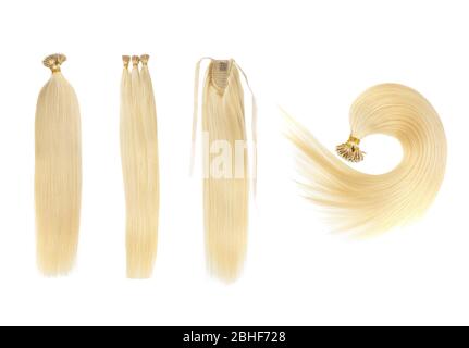 Set von 4 gefälschten Frauen Haarverlängerungen in Schwänzen, isoliert auf weißem Hintergrund. Hellblond oder goldfarben. Und verschiedene Ansatztypen. Stockfoto