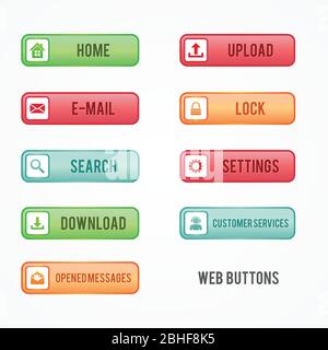 Setzen Sie bunte Web-Buttons flaches Grafikdesign für Ihre beste Business-Website. Farbige Web-Taste einstellen. Vektorgrafik EPS.8 EPS.10 Stock Vektor