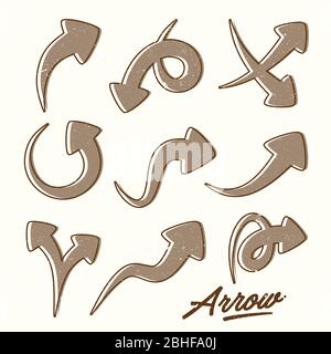 Vektor Handgezeichnete Pfeile Symbolelemente für Ihr Design mit Splash und Letter-Pfeil. Pfeil für Vintage-Vektorskizze festlegen. Vektorgrafik Stock Vektor