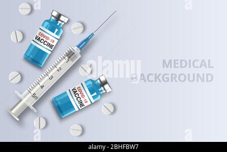 Realistische Glasampullen und Spritze. Impfstoffinjektion Coronavirus Covid-19, neuartiges Coronavirus. Medizinischer Hintergrund. Vektorgrafik Stock Vektor