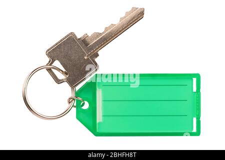 Schlüsselanhänger mit leerem Etikett zur Identifikation, isoliert auf weißem Hintergrund. Ausschneiden. Stockfoto