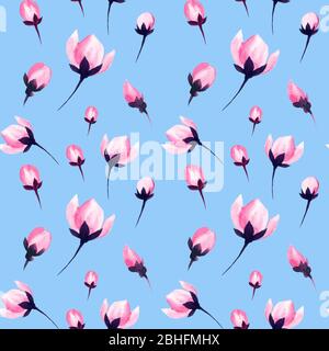 Rosa Sakura Blumen Muster auf hellblauem Hintergrund, Aquarell Blumenblütenblätter. Kirschblüte oder japanische Sakura rosa Blüten nahtloses Muster in erröten Aquarell Textur für Textildruck Stockfoto