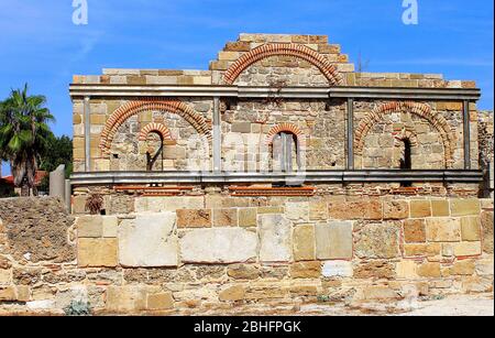 South Basilica in Side, Türkei. Architekturdenkmal der byzantinischen Zeit. Die Ruinen der Tempel von Apollo und Athen. Stockfoto