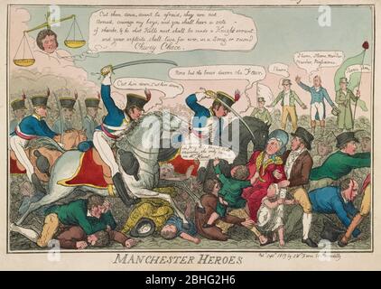 Print zeigt Manchester Yeomanry angreifende Menge versammelt, um Henry Hunt und andere radikale Redner auf St. Peter's Field, Manchester, England, am 16. August 1819 zu hören. Stockfoto