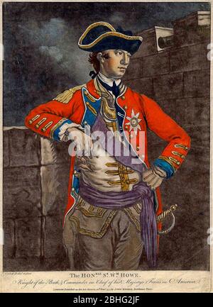 Dies ist eine Farbmezzotinta des britischen Generals Sir William Howe, 5. Viscount Howe, der im Amerikanischen Revolutionskrieg - November 1777 - aktiv war Stockfoto