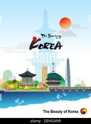 Die Schönheit Koreas. Koreanischer traditioneller Palast und Wahrzeichen. Stock Vektor